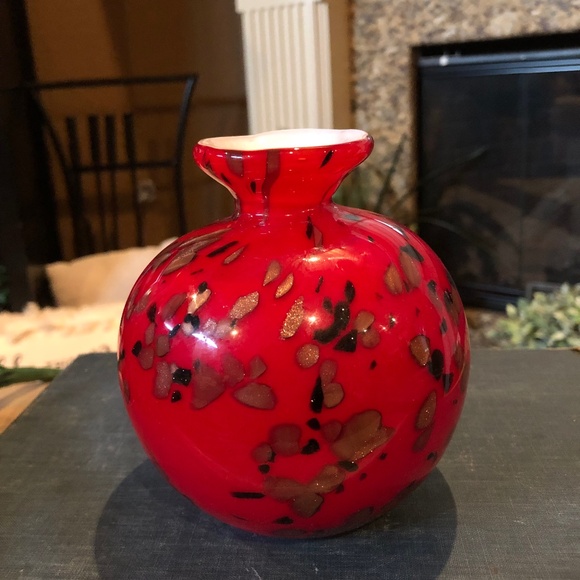 Other - Beautiful Red Art Glass Vase With Gold Flecks Cased White Glass 8 Inches.